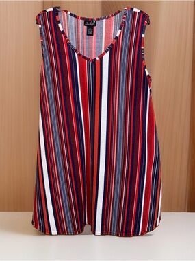 Questions Striped Sleeveless V-Neck Knit Midi Dress in Red, Navy & White-3X-GC